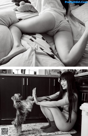 A naked asian woman sitting on a bed with her legs crossed.