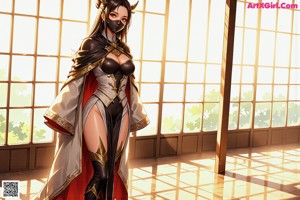 A woman in a red and black outfit with a mask on.
