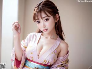 A woman in a pink kimono sitting on a bed.