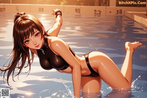 A woman in a blue bikini leaning against a wall.