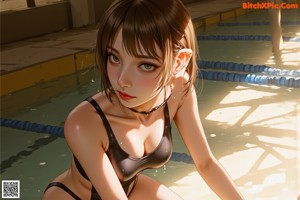 A woman in a white bikini sitting in a pool.