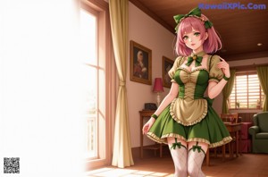 A girl in a green dress holding a bunch of flowers.