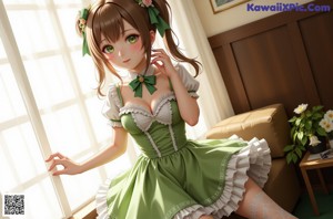 A woman in a green dress standing in front of a desk.