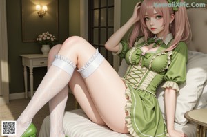 A woman in a green and white dress and stockings.