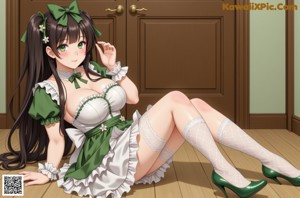 A woman in a green dress sitting on a green chair.