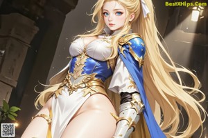 A woman in a white and blue outfit holding a sword.