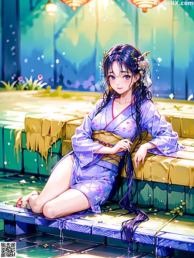 A woman in a kimono sitting on a bench in the rain.