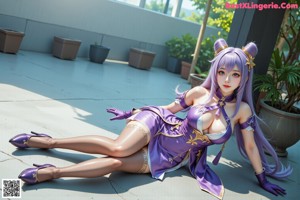 A woman in a purple and white outfit posing for a picture.