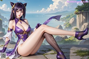A woman in a purple and white outfit posing for a picture.