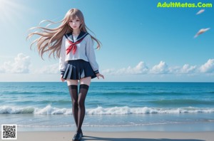 A girl in a school uniform standing in front of a lake.