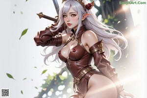 A woman in detailed armor with long white hair and a sword.