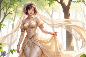 A woman in a wedding dress standing in the woods.