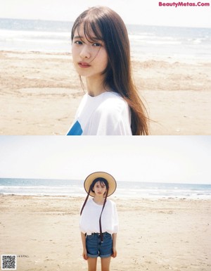A young woman standing on a beach next to the ocean.
