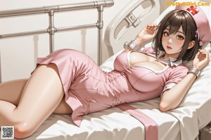 A woman in a nurse outfit sitting on a bed.