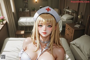 A woman in a nurse uniform sitting on a bed.