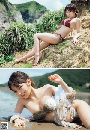 A woman in a bikini holding a bottle of water.