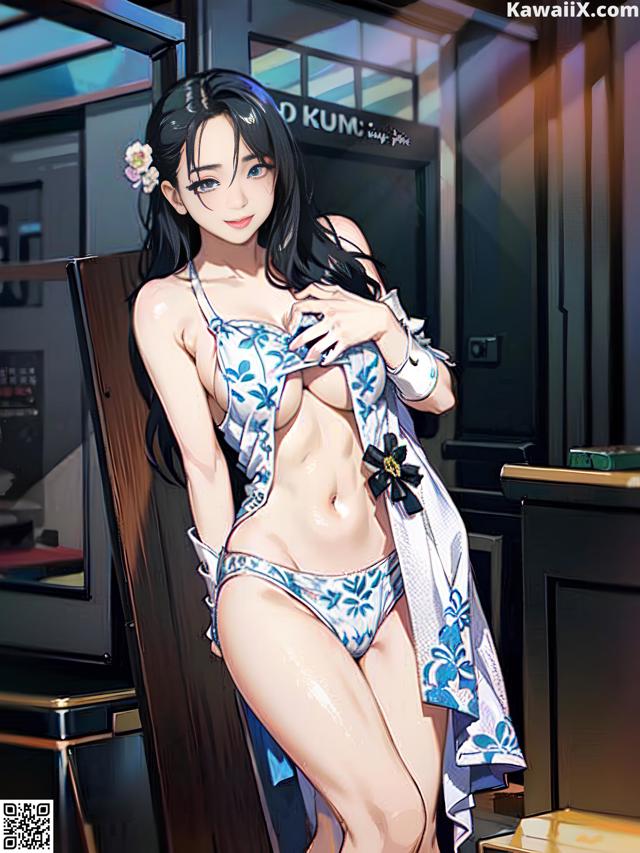A woman in a blue and white bikini posing for a picture.