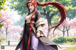 A woman in traditional attire holds a sword, standing on a path with cherry blossoms.