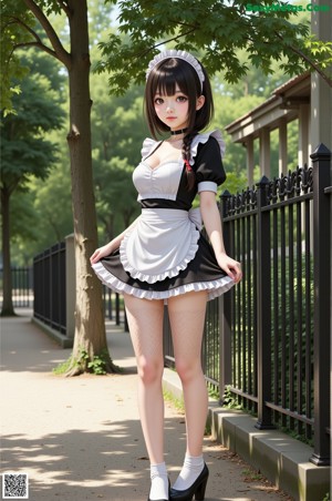 A woman sitting on a chair in a maid outfit.
