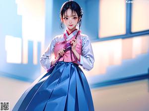 A woman in a pink and white hanbok standing in front of a window.
