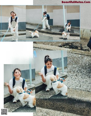 A collage of photos of a woman in front of a washing machine.