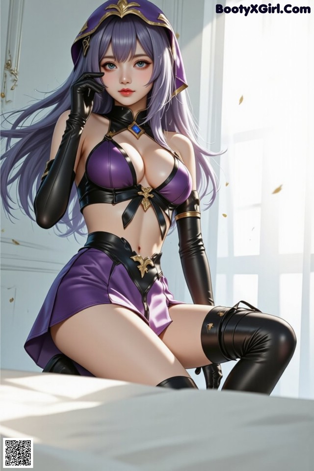 Hentai - The Velvet Nightfolds Embrace Her Regal Presence Set.1 20250104 Part 7 No.4df6da A woman in a purple outfit sitting on a bed.