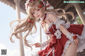A girl in a red and white dress with a bunny hat.