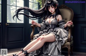 a woman in a pink dress sitting on a chair