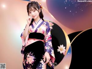 A woman in a blue kimono posing by a pond.